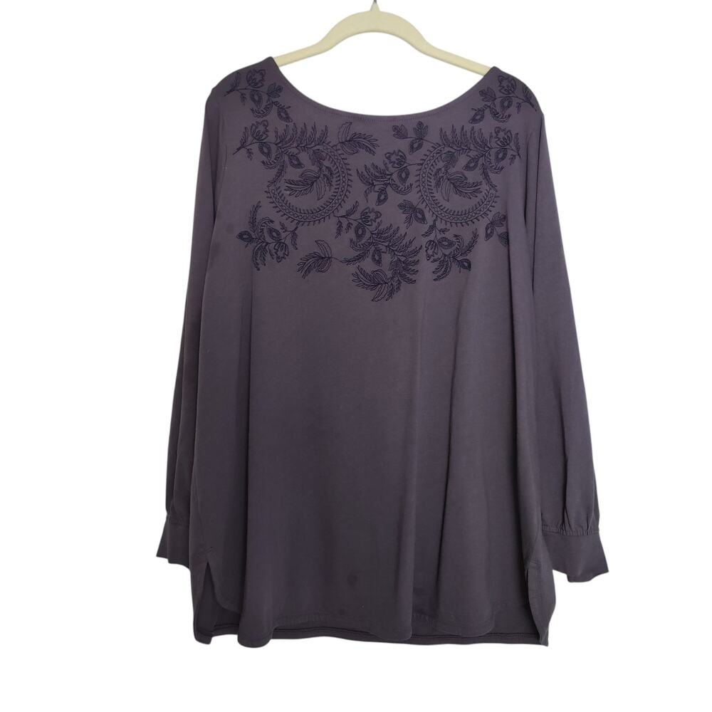 J. Jill PureJill Sz XL Petite Dark Purple Embroidered Top Tunic Rounded Hem